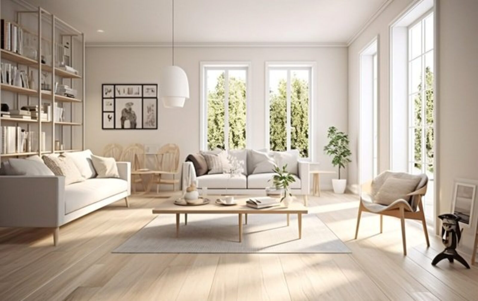 Un salon lumineux et aéré avec de grandes fenêtres permettant à la lumière naturelle de remplir l'espace. La pièce dispose de parquet en bois de couleur claire, d'un mobilier minimaliste comprenant un canapé blanc, un fauteuil, une table basse, une plante en pot et des étagères murales avec des livres et de la décoration.